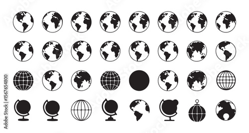 Collection of Earth Icons Displaying the World in Various Forms and Views, Emphasizing Geography and Global Representation