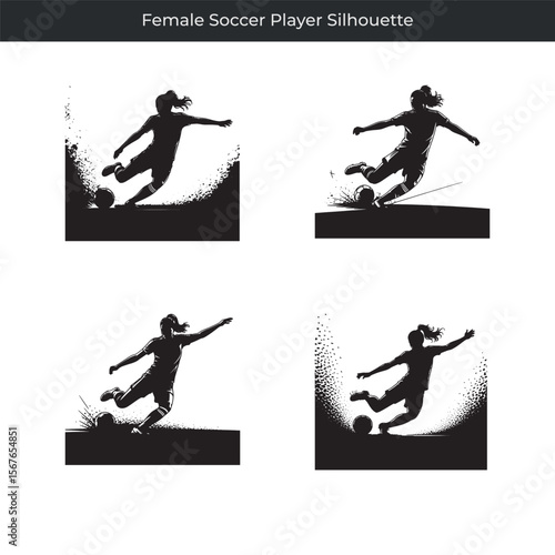 Dynamic black and white silhouettes of a female soccer player in action kicking the ball