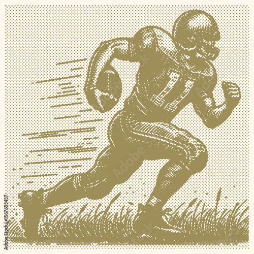 Dynamic halftone effect vector illustration of an American football player running with ball on grass field, vintage postal stamp style, sport action, athletic, outdoor competition design