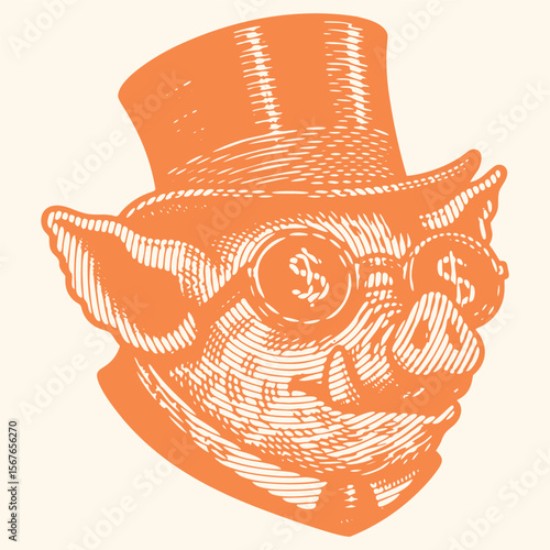 Vibrant colorful rich pig wearing top hat and stylish glasses, heavy lined effect stamp vector illustration, luxury animal character design, bold graphic art, modern pop culture icon