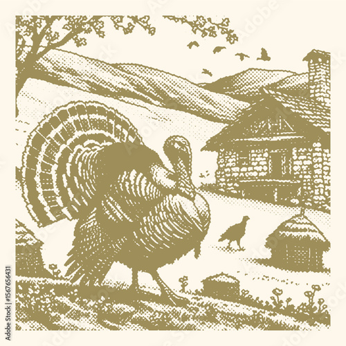 Halftone effect vintage stamp vector of Turkey farm scene with rustic stone house, countryside landscape illustration, rural charm, agricultural setting, traditional village design