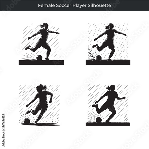 Dynamic silhouette illustrations featuring a female soccer player kicking a soccer ball on white