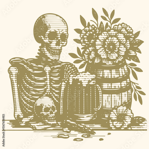 Vintage skeleton holding mug and barrel vector illustration with heavy lined effect, retro style stamp design, gothic skull art, antique skeleton graphic for tattoo, poster, and apparel