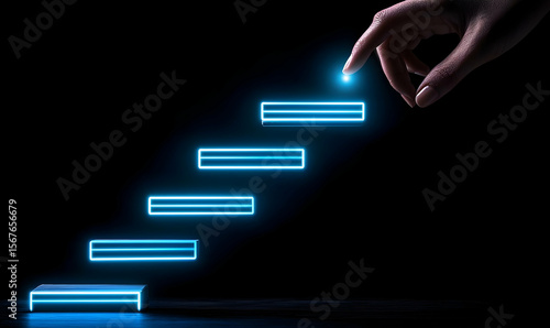 Hand Reaching Toward Floating Blue Neon Steps in Dark Background