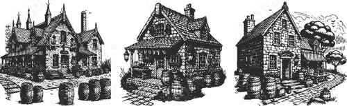 Rustic stone house with beer barrel vector bundle in heavy line art style – vintage countryside tavern building illustration set for craft brewery, rural pub, farm-themed design