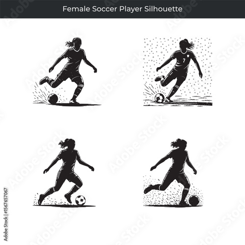 Dynamic black silhouette of a female soccer player kicking the ball in action