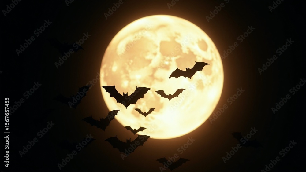 Bats flying in silhouette against a bright full moon on Halloween night Bats flying in silhouette against a bright full moon on Halloween night