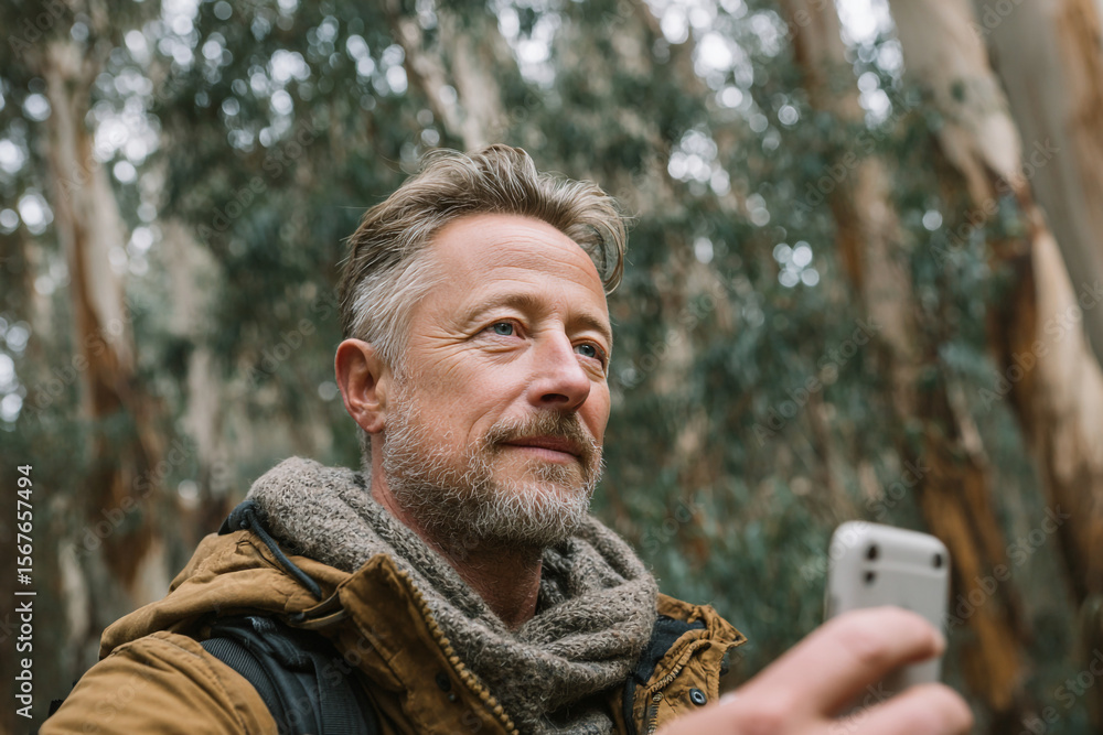 Man in jacket and scarf taking photo in forest with smartphone at eye level view outdoors Man in jacket and scarf taking photo in forest with smartphone at eye level view outdoors