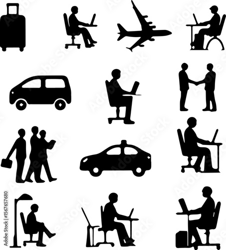 Business Travel Silhouettes Set 12 Corporate Mobility Vector Icons