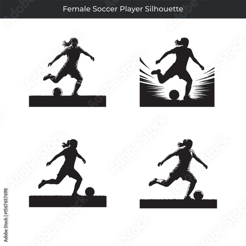 Dynamic silhouettes of a female soccer player kicking the ball in various poses