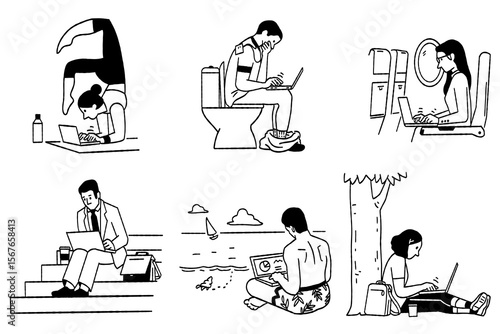 Various collections of people working outside office with laptop in unexpected situations, doing yoga, in toilet, on airplane, on stair, beach, or in the park. Outline, line, thin line art.

