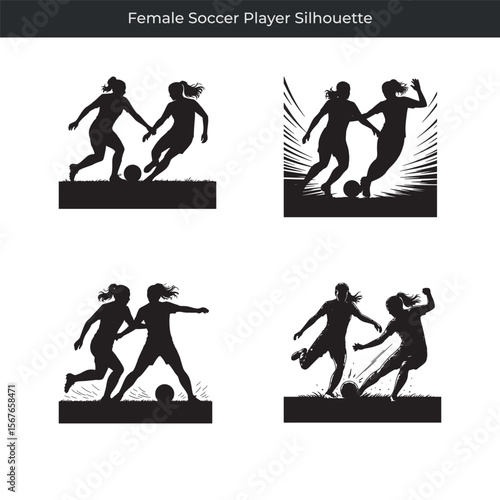 Dynamic action illustration of female soccer player silhouettes displaying sportsmanship and teamwork