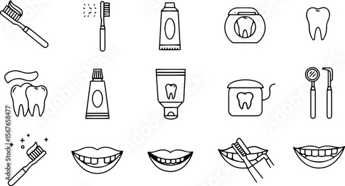 Dental care icons for brushing teeth and oral hygiene  