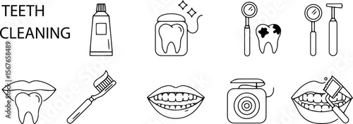 Teeth cleaning tools and products in black and white line art  