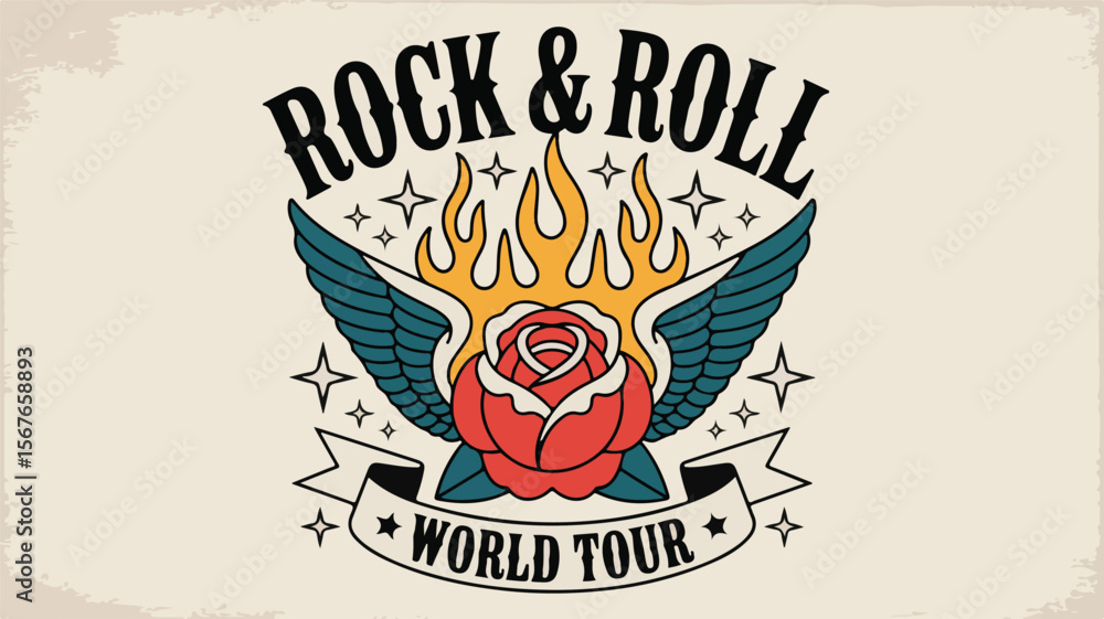 Fototapeta premium Rock and Roll World Tour Flaming Rose Wings tattoo art