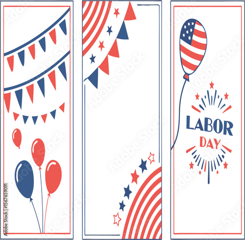 Three patriotic themed cards with balloons, bunting, stars, stripes, and labor day text included