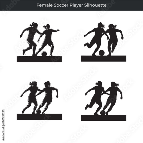Dynamic silhouettes of female soccer players in action kicking and dribbling on white