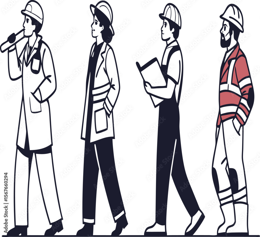 Illustration of four people in work attire walking in a line on a white background design style Illustration of four people in work attire walking in a line on a white background design style