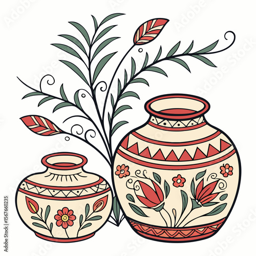 Hand-drawn artistic earthen pots and flower vases in tribal style showcase cultural heritage.