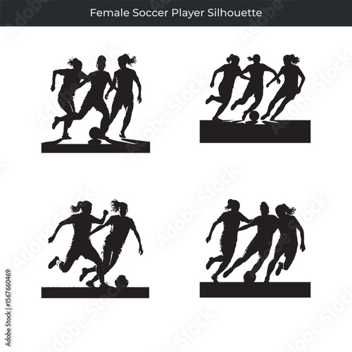 Dynamic silhouette illustrations of female soccer players in action on white background