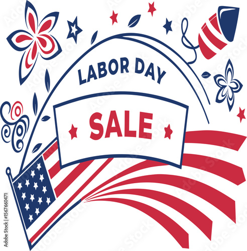 Illustration of labor day sale with american flag and patriotic floral decorations around the text