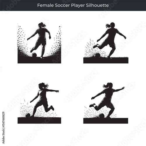 Black silhouette illustrations of female soccer player kicking and dribbling the soccer ball