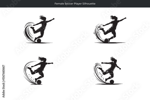 Dynamic silhouette of a female soccer player kicking the ball with dramatic energy