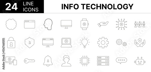 Collection of 24 information technology line icons featuring editable strokes. These outline icons depict various modes of information technology, icon, artificial intelligence, ai, network, set, comp