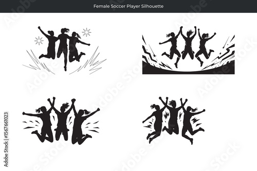 Dynamic group of female soccer player silhouettes celebrating victory in monochrome