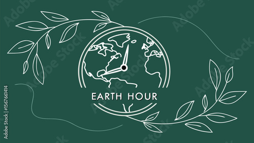 Elegant Earth Hour design:  minimalist line art illustration of a clock superimposed on a world map, encircled by stylized leaves, conveying a calm and mindful environmental message.