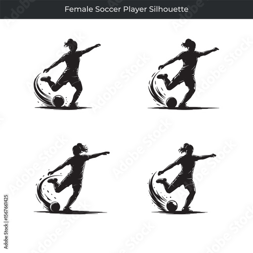 Dynamic female soccer player silhouettes kicking soccer balls with energetic motion depiction