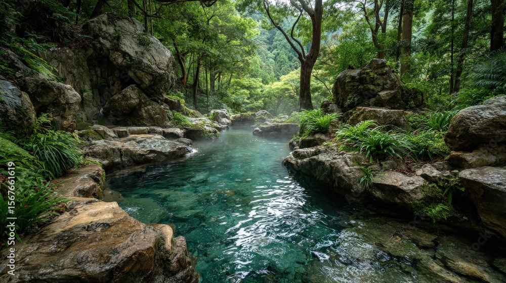 Fototapeta premium Tranquil natural hot spring pool with clear turquoise water steaming among rocks and lush green forest in a serene wild landscape.