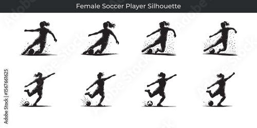 Dynamic black silhouette illustrations of a female soccer player in action on the field