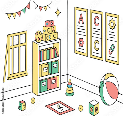 Illustration of a playroom with toys bookshelf window posters and colorful decorations on the wall