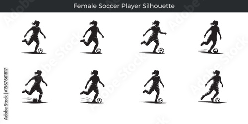 Dynamic silhouette illustrations of female soccer player actions depicting kicking and running