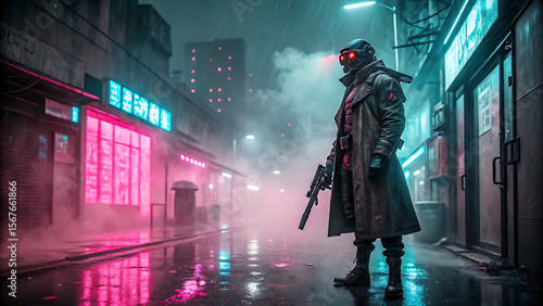 Cyberpunk vigilante standing in rainy neon lit alleyway holding a futuristic weapon