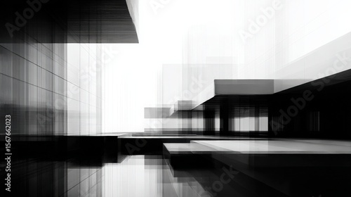 Futuristic abstract architecture render in high-contrast black and white, showcasing bold geometric forms and lines.
