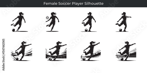 Dynamic black and white silhouettes depicting female soccer players kicking a soccer ball