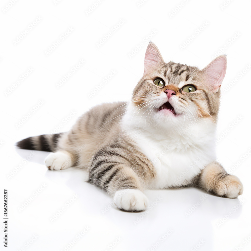 Obraz premium Cute Tabby Cat Lying Isolated on White Background