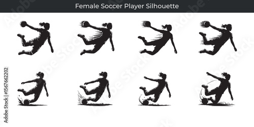 Dynamic silhouettes of female soccer player in action kicking jumping and diving with soccer ball