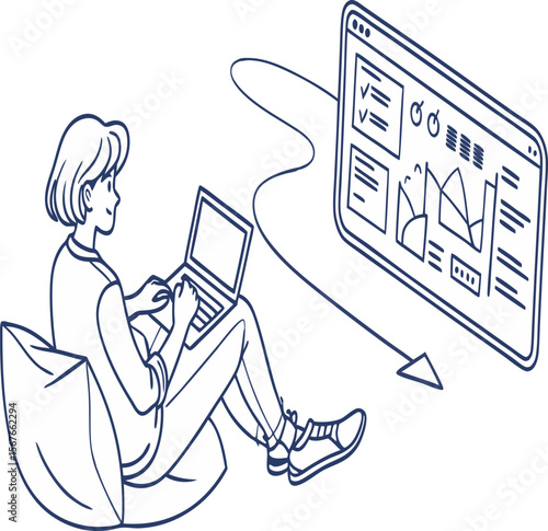 Woman working on laptop with data dashboard on screen while sitting on a beanbag chair at home office