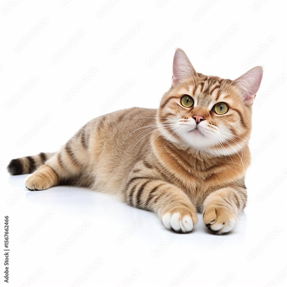 Fototapeta premium Cute Tabby Cat Lying Isolated on White Background