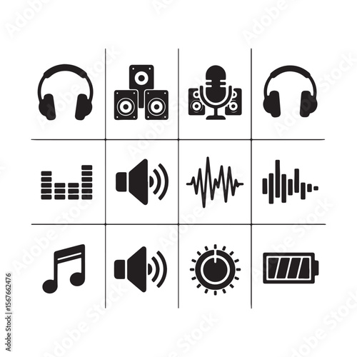 Black and White Audio Music Icons Set Headphones Speakers Microphone Equalizer Volume Control Knob Battery