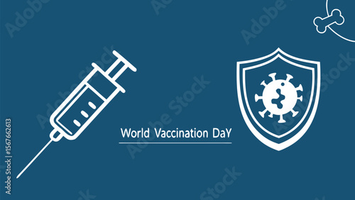 World Vaccination Day:  Modern minimalist graphic design featuring a syringe, protective shield, and virus icon;  clean, simple, and informative vector illustration promoting health and safety.