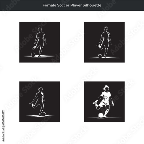 Four different dynamic black and white silhouettes of a female soccer player kicking a ball