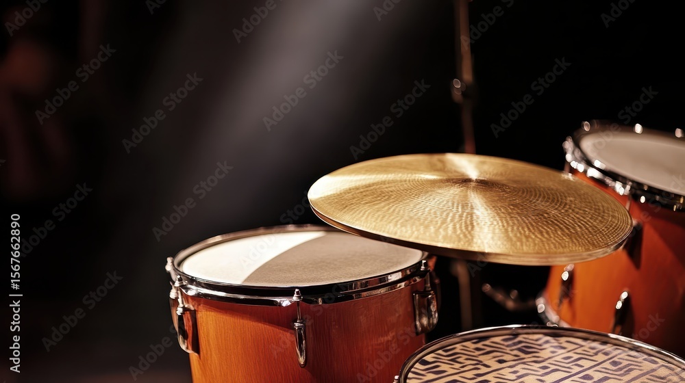 Obraz premium Close-Up View of a Drum Set with Shimmering Cymbals in Focus