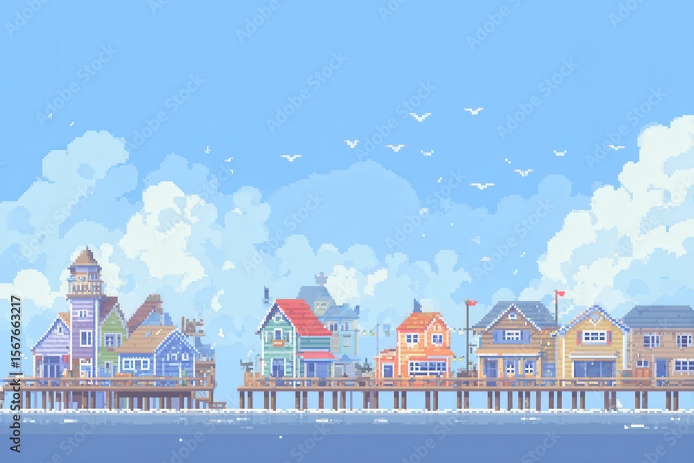Fototapeta premium Coastal Town Pixel with Piers and Seagulls