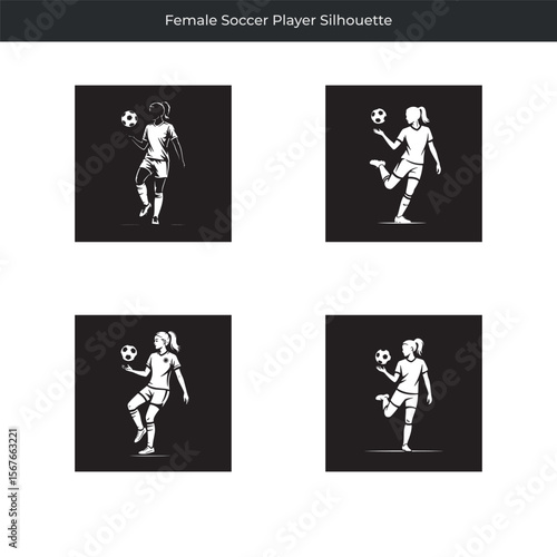 Black and white silhouette collection of a dynamic female soccer player in action