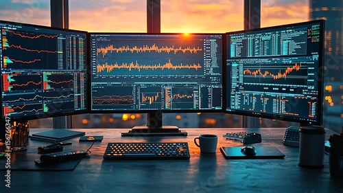 Trading Desk at Sunset with Multiple Monitors Displaying Data