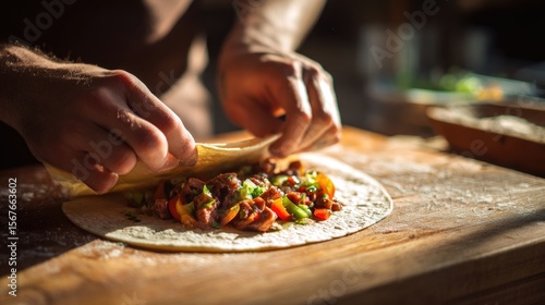 A Mexican chef wrapping a tortilla filled with colorful toppings like fresh vegetables, beans, and meats